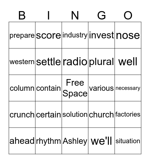 Ashley's Words Bingo Card