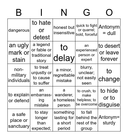 Blue Level Vocabulary # 1-6 Bingo Card