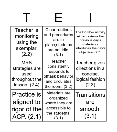 Instructional Strategy Bingo Card