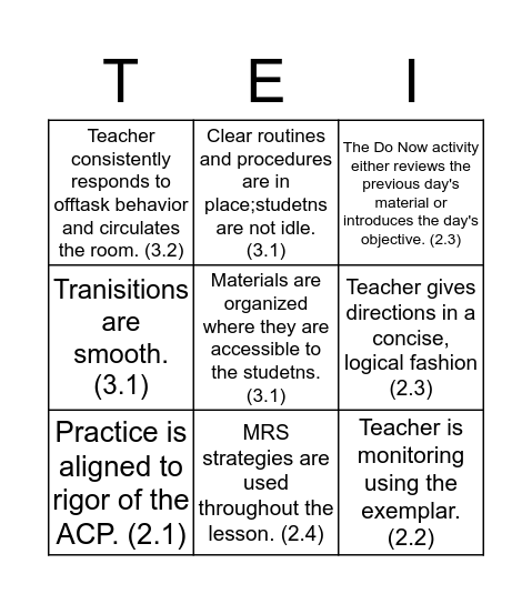 Instructional Strategy Bingo Card