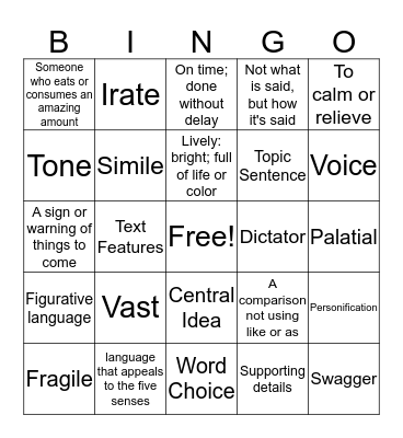 Vocabulary 3 Bingo Card