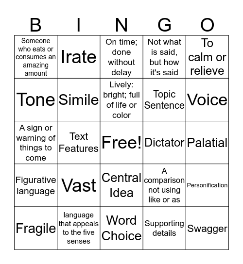 Vocabulary 3 Bingo Card