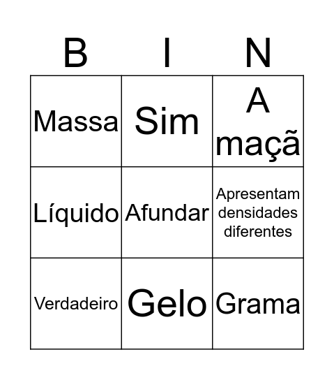 Água e densidade Bingo Card