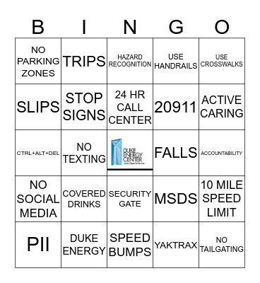 DUKE ENERGY SAFETY AND SECURITY TIPS Bingo Card