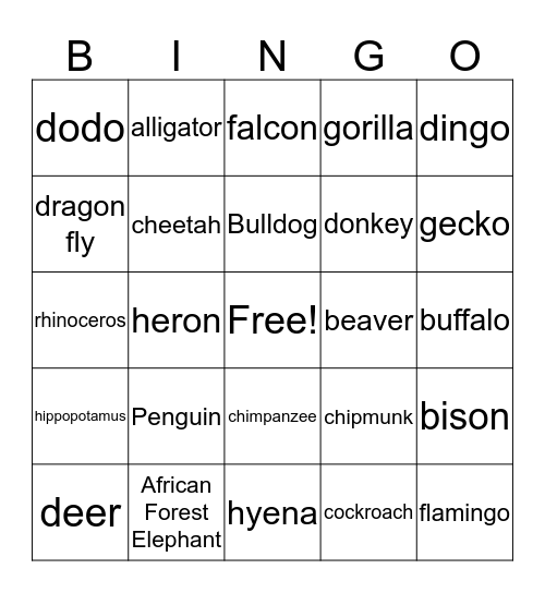 Kinds of Animals and Birds Bingo Card