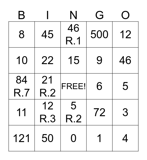 Long Division Bingo----Some with remainders Bingo Card