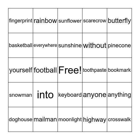 Compound Words Bingo Card