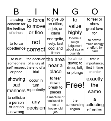 MMQ Literature Vocabulary Bingo Card