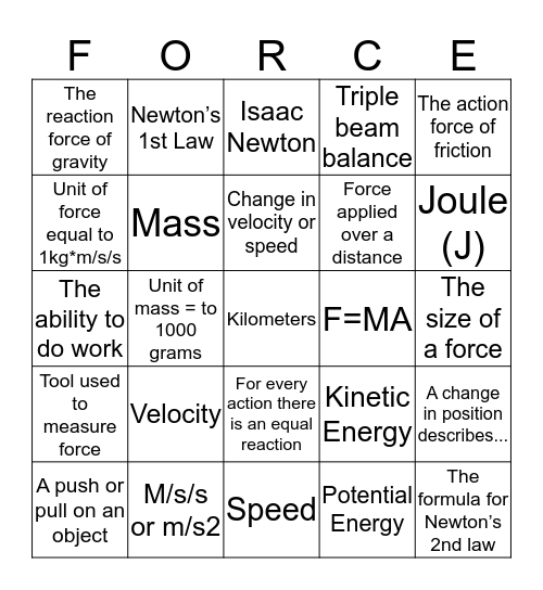 Force & Motion Bingo Card