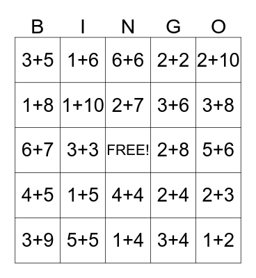 Addition Bingo 1-15 Bingo Card
