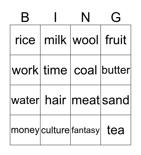 Uncountable nouns Bingo Card