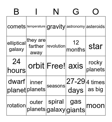 Earth and Space  Bingo Card