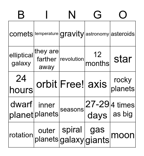 Earth and Space  Bingo Card