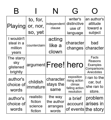 ELA Terminology Bingo Card