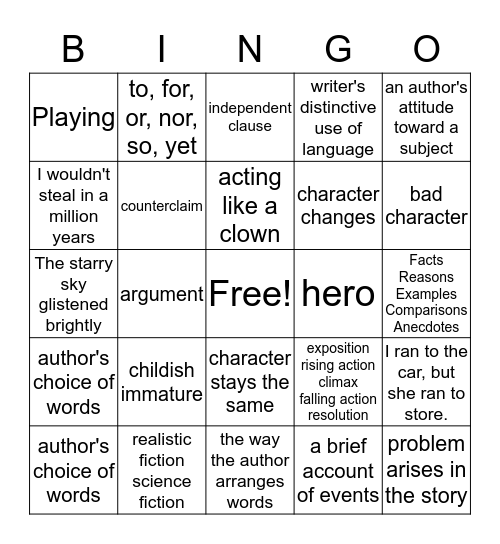 ELA Terminology Bingo Card