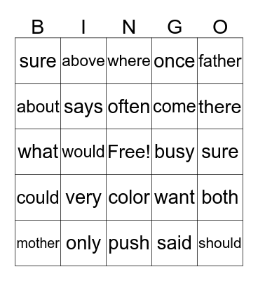 Sight Word Bingo Card