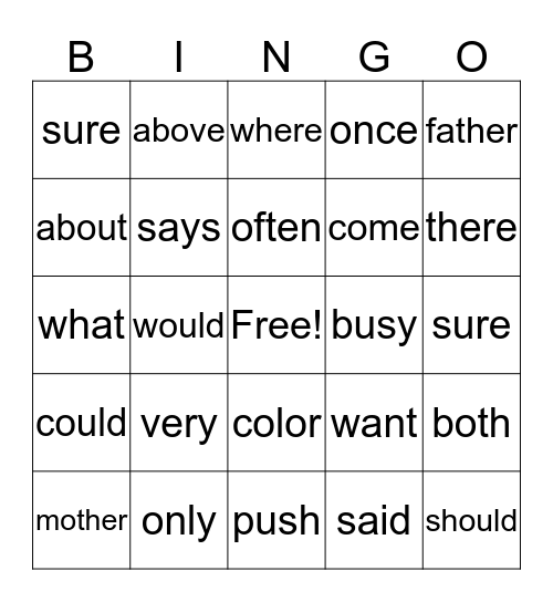 Sight Word Bingo Card