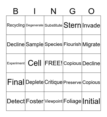 Vocabulary Bingo Card