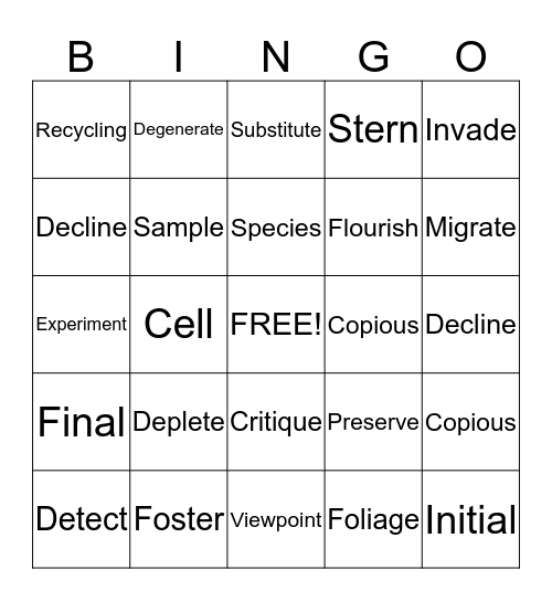 Vocabulary Bingo Card