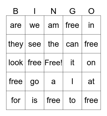 Sight Words Bingo Card