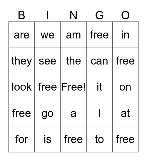 Sight Words Bingo Card
