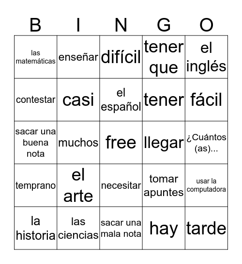 Vocabulario unit 2.1.2 Bingo Card