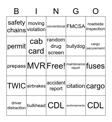 Safety Bingo Card