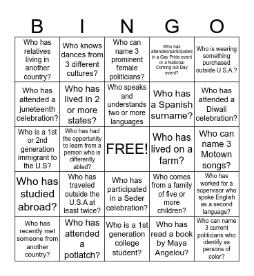 Multicultural Bingo Card