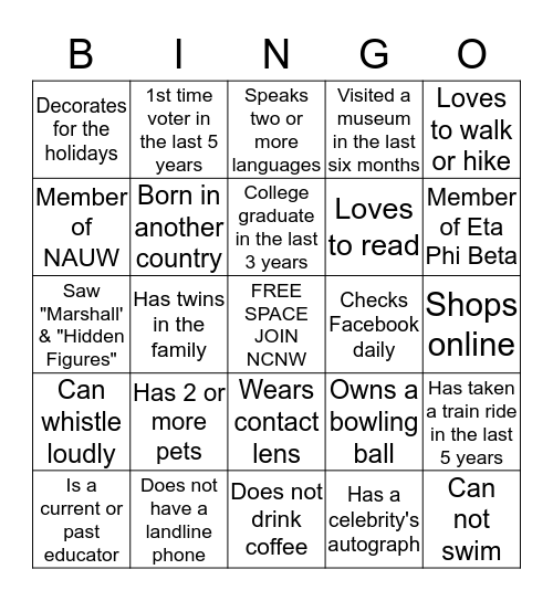 Cleveland Section NCNW  Bingo Card