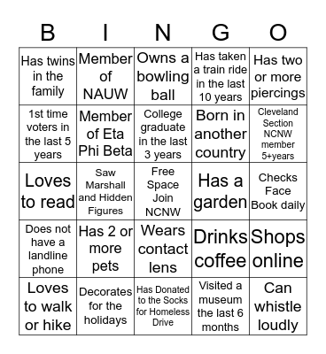 Cleveland Section NCNW  Membership Social Bingo Card
