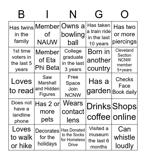 Cleveland Section NCNW  Membership Social Bingo Card