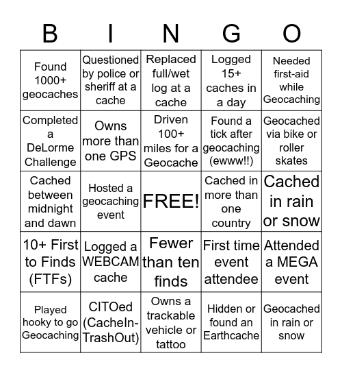 GEOCACHING BINGO! Bingo Card