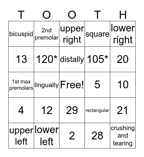 Tooth Bingo Card