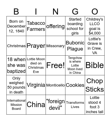 Lottie Moon Bingo Card