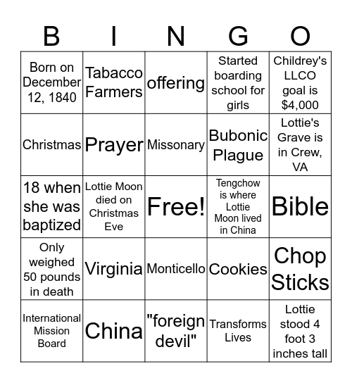 Lottie Moon Bingo Card