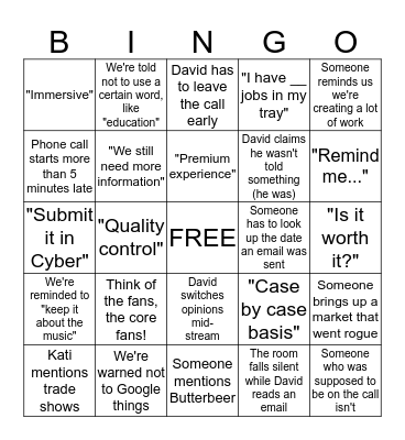 Warner Bros. Phone Call Bingo Card