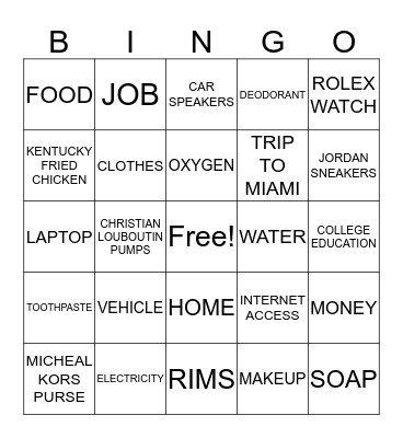 NEEDS VS. WANTS Bingo Card