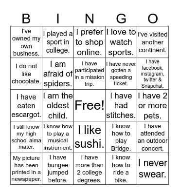 Get to Know Your CoWorkers Bingo Card