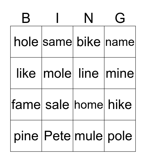 Magic E Bingo Card