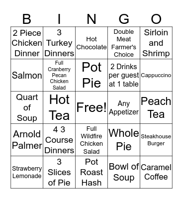 Bob Evans Dinner Bingo Card