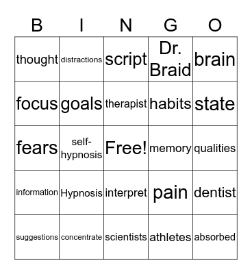 Under the Spell of Hypnosis Bingo Card