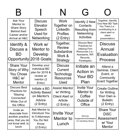 Hopkins & Carley BD Mentoring BINGO (2018) Bingo Card