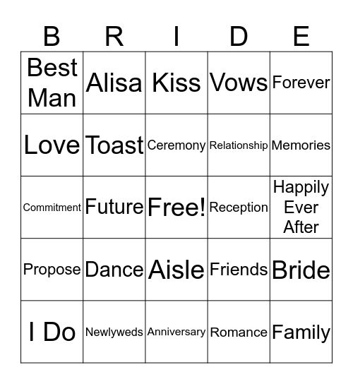 Bridal Bingo Card