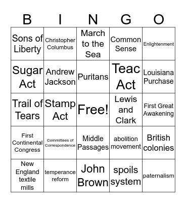 HIST20 Bingo Card