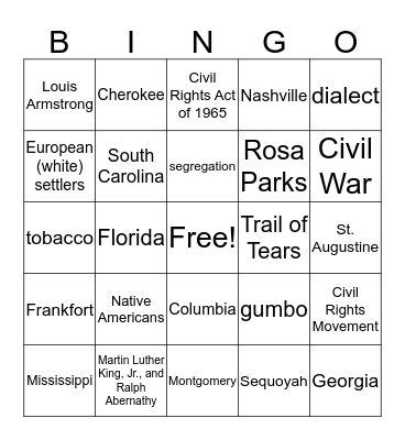 The People of the Southeast Bingo Card