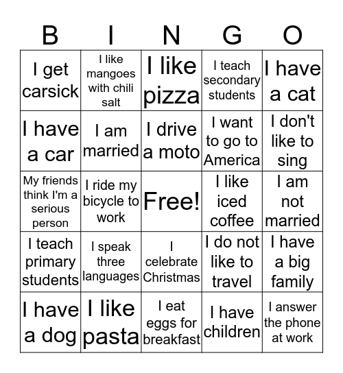 Present Tense  Bingo Card