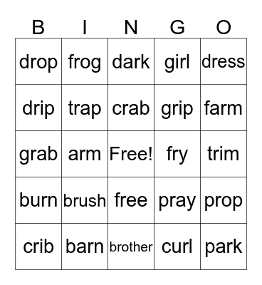 R Clusters Bingo Card