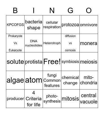 Biology semester 1 Bingo Card