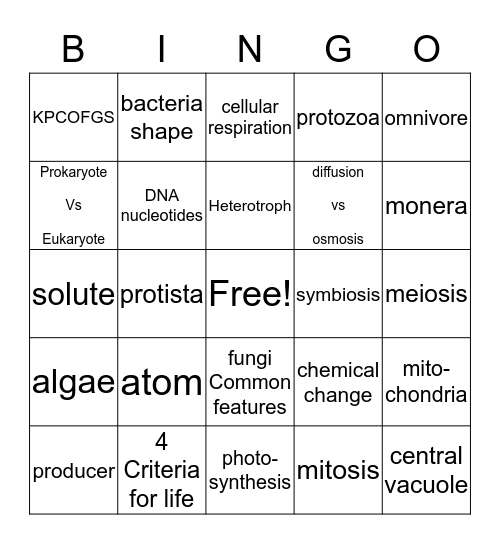 Biology semester 1 Bingo Card