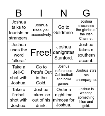 Happy Birthday, Joshua!  Bingo Card